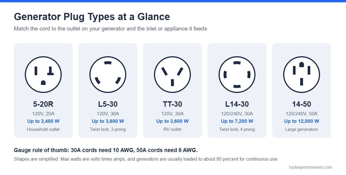 Chart of generator plug types with volts, amps and watts