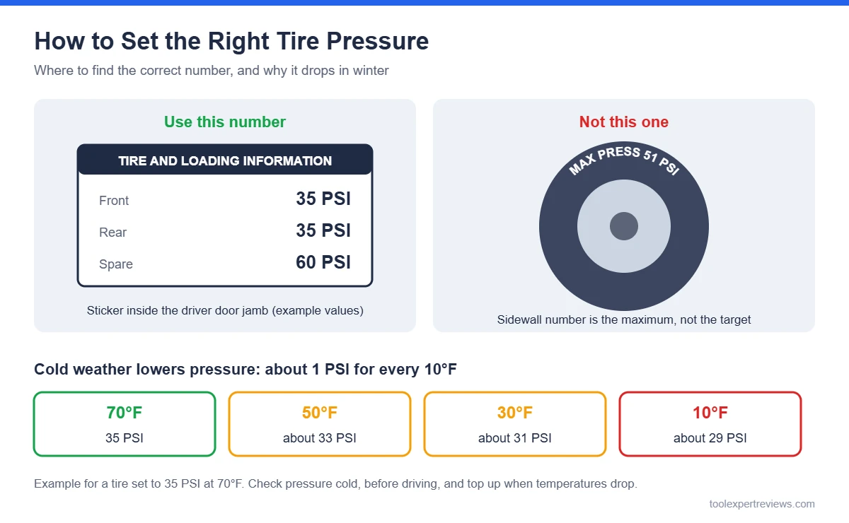 Guide showing the tire pressure sticker in the driver door jamb versus the sidewall maximum, and how pressure drops about 1 PSI per 10 degrees F
