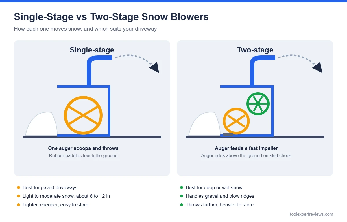 Diagram comparing a single-stage snow blower with one auger to a two-stage snow blower with an auger and impeller