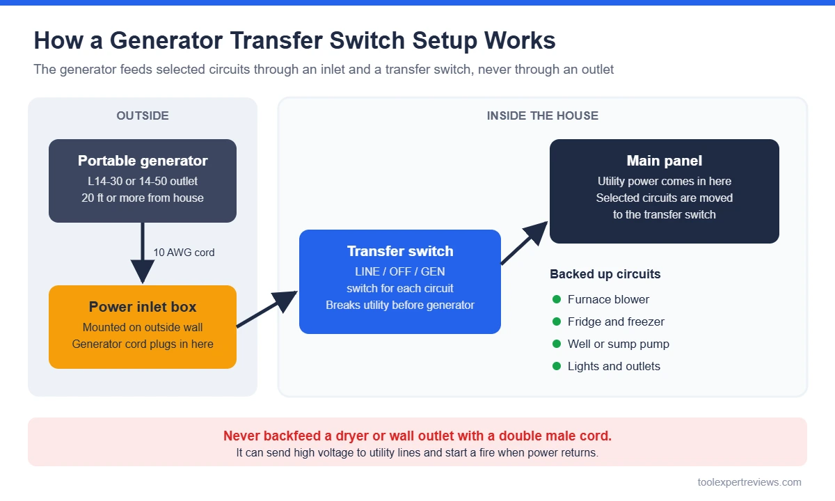 Diagram of a generator transfer switch setup with inlet box, transfer switch and main panel